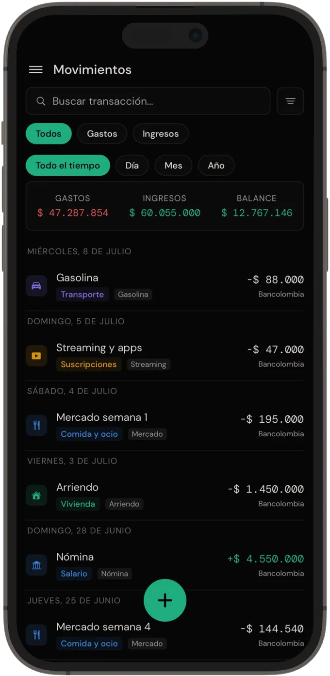 Pantalla de movimientos